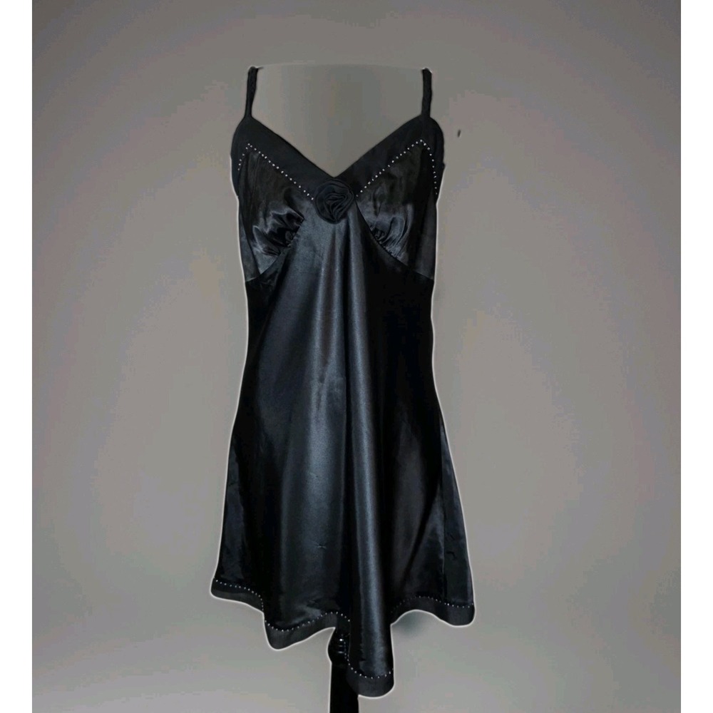 Whispers Womens L Black Satin Lace Beaded Slip Dress Y2K Romantic Goth